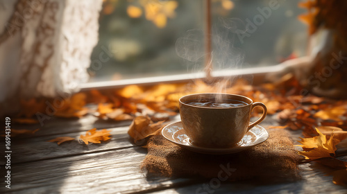 Cozy Autumn Coffee: Steaming Cup of Warmth by the Window with Nature's Peaceful Scenery