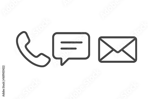 Contact us methods icon set. Phone, email, message symbols. Vector line art communication signs for website. Customer service, support, and feedback graphic elements.
