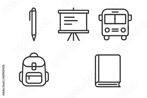 Education and school supplies linear icon set. Vector collection: pen, presentation board, school bus, backpack, book. Minimalist pictograms for web, app, print design.