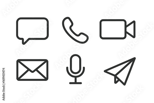 Communication icon set. Minimalist line art vector symbols. Chat, phone call, video, email, microphone, paper plane icons for web design, apps, and user interface contact.