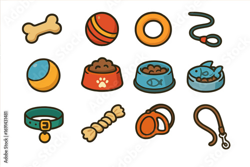 Pet supplies icon set for dog and cat care. Vector cartoon collection of pet shop accessories like a food bowl, toy ball, leash, collar, and bone. Isolated elements.