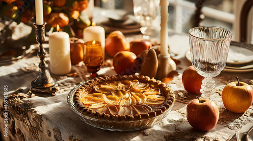 Elegant Autumn Apple Pie on a Festive Thanksgiving Dinner Table with Cozy Home Decor and Candles: A Seasonal Food Photography Delight
