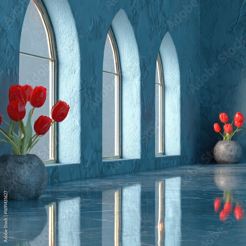 A tranquil interior scene showcases arched windows, a polished floor, and a vase of red tulips, bathed in soft, evening light.