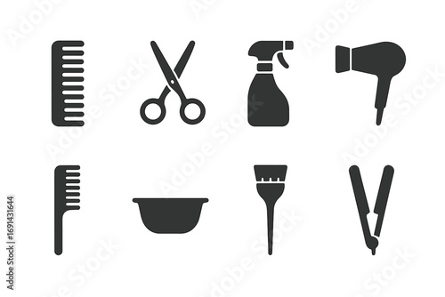 Minimalist hair salon tools icons set, modern branding vector illustration with transparent background, comb, scissors, spray bottle, hairdryer, brush, bowl, straightener for beauty design