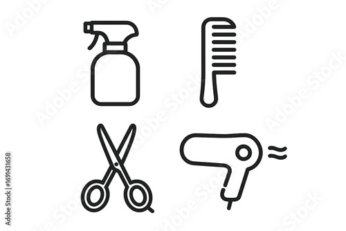 Minimalist hair salon tools icons set for modern branding and design, vector cartoon illustration, transparent background, ordered set, haircut, stylist essentials
