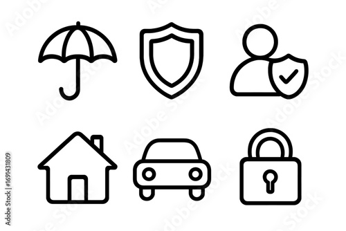 Minimalist insurance and safety icons set with umbrella, shield, secure user, home, car, and padlock symbols, vector line art design for protection and security concepts