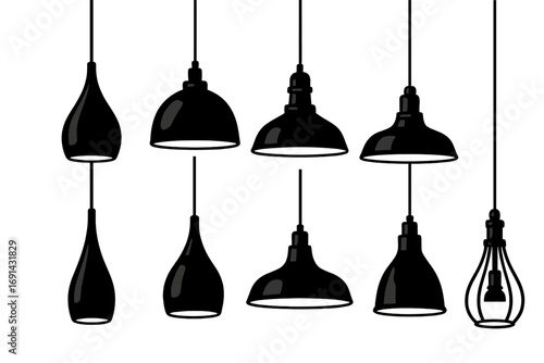 Set of black pendant lamps. Collection of modern ceiling lights for interior design. Vector silhouette illustration. Industrial and minimalist home decor lighting elements.