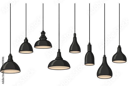 Set of black pendant lamps. Modern ceiling light fixture collection for interior design. Industrial hanging lights vector illustration. Isolated lighting elements for home decor.