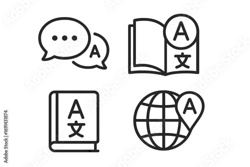 Minimalist language learning icon set for apps and websites, vector illustration with transparent background, translation symbols, dictionary, speech bubbles, global communication, language education