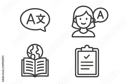 Minimalist language learning icons set for apps and websites, vector cartoon illustration with transparent background, global language study symbols collection, educational icons