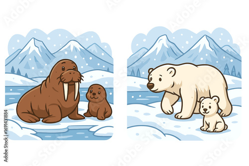 Set of cartoon arctic animals. Walrus with calf and polar bear with cub in winter landscape. Cute animal family characters in snowy scene with ice floes and mountains. Vector