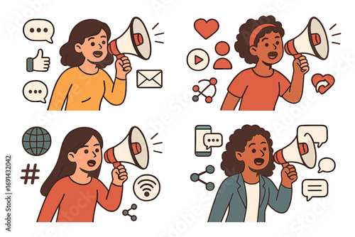 Set of women with megaphones. Social media marketing, communication, announcement, and promotion concept. Flat vector illustration of diverse girls shouting for online alerts.