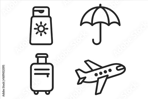 Travel and vacation icon set with airplane, luggage, sunscreen, and umbrella. Outline symbols for summer holiday, journey, and tourism. Linear vector graphics for web and print.