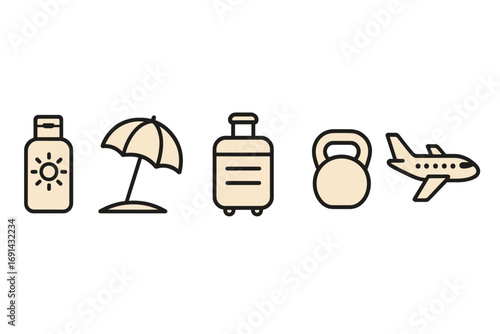 Travel and vacation icon set. Simple line symbols of flight, fitness, and beach holiday. Sunscreen, umbrella, baggage, kettlebell and plane for web, infographics, ui, ux design.