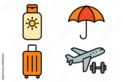 Travel and vacation icon set with airplane, luggage, and fitness symbols. Vector collection for summer holiday, sun protection, and baggage concepts. Simple line icons.