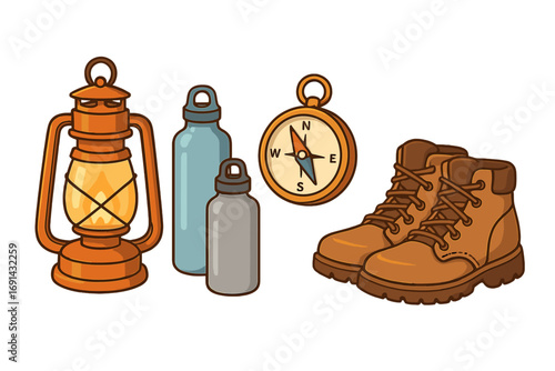Set of essential camping and hiking gear. Outdoor adventure equipment collection with lantern, water bottle, compass, and boots. Vector cartoon illustration isolated.