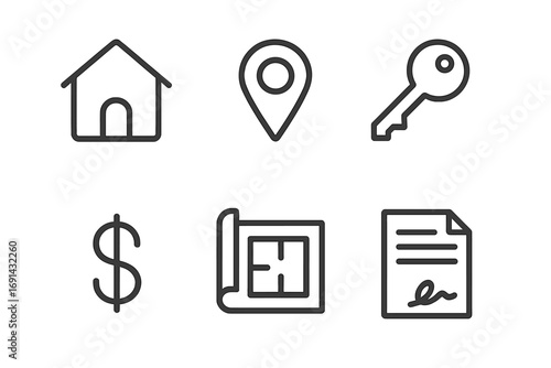 Minimalist real estate icons set with house, location pin, key, dollar sign, blueprint, and contract symbols for property, finance, and home design concepts