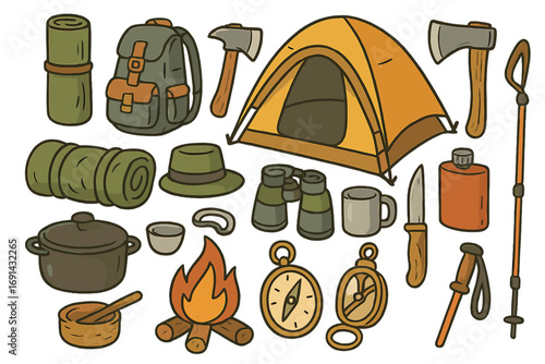 Camping and hiking gear collection for outdoor adventure. Vector cartoon illustration set with essential equipment like tent, backpack, compass, axe, and campfire for exploration.