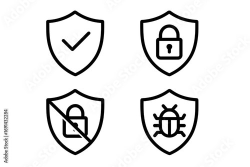 Minimalist shield icons set with security concepts in line art style, lock, unlock, checkmark, bug protection, vector cartoon illustration with transparent background, cybersecurity symbols
