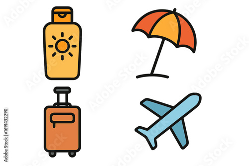 Travel and vacation icon set. Summer holiday symbols collection. Includes airplane, luggage, beach umbrella, and sunscreen icons. Simple flat line vector graphic elements for design.