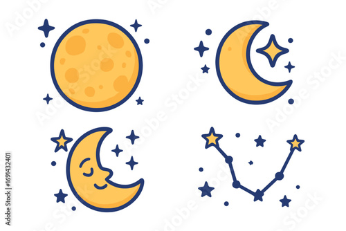 Vector cartoon icon set of celestial elements. Full moon, crescent with star, sleeping moon face, and constellation. For space, night sky, astronomy, and cosmic design concepts.