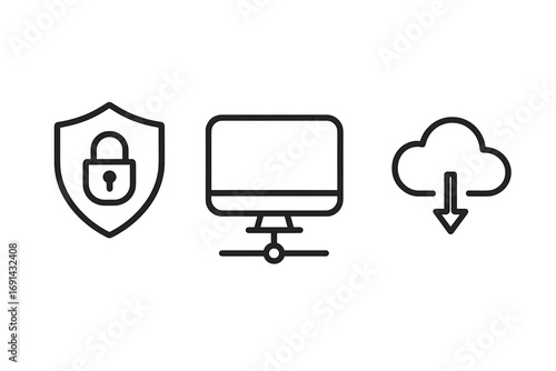 Minimalist cybersecurity lock shield icon, networked computer system icon, cloud computing download symbol, technology vector set, digital security and data transfer illustration