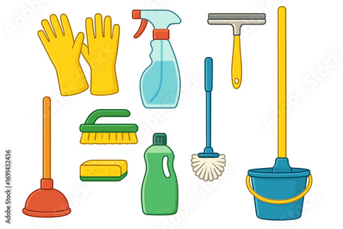 Cleaning supplies vector cartoon icon set. Household chores and home maintenance tools collection. Rubber gloves, spray bottle, plunger, squeegee, brush, sponge and bucket.