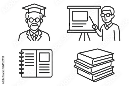 Education and university thin line icons. Professor, academic, teacher with presentation board, notebook, books. School, college, learning, knowledge, study vector symbols.