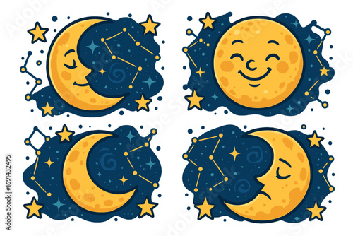 Set of cute cartoon moon icons with emotions. Happy, sad, sleeping crescent and full moon characters with stars and constellations. Celestial vector illustration for kids.