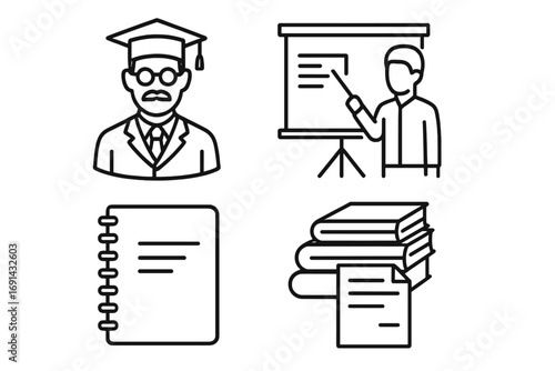 University education thin line icon set. Professor, teacher, presentation, lecture symbols. College learning, study, graduation concept. Vector book, notebook pictogram for web.