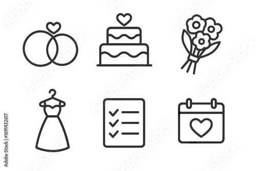 Minimalist wedding icons collection rings, wedding cake, bouquet flowers, bridal dress on hanger, wedding checklist, romantic calendar heart, vector cartoon illustration set