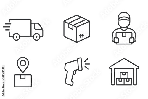 Minimalistic line icons set for delivery and logistics services, fast shipping truck, parcel box, courier with package, location tracking, barcode scanner, warehouse storage illustration