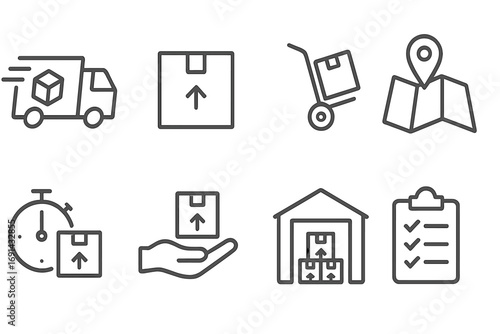 Minimalistic line icons for delivery and logistics services, vector cartoon illustration, transparent background, ordered set of shipping, warehouse, tracking, delivery symbols