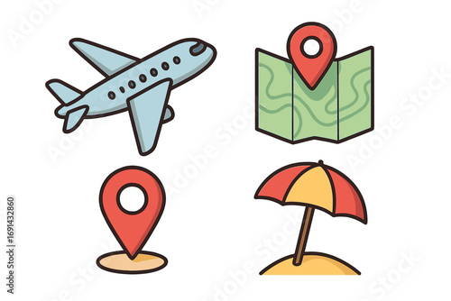 Travel icon set for vacation and tourism. Vector collection with airplane, flight, map, location pin, gps and beach umbrella. Flat cartoon design for web, app, holiday graphic.