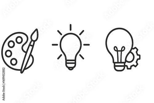 Minimalistic outline icons of creativity, ideas, and innovation symbols. Vector set with paint palette, light bulb idea, and gear bulb design. Transparent background.