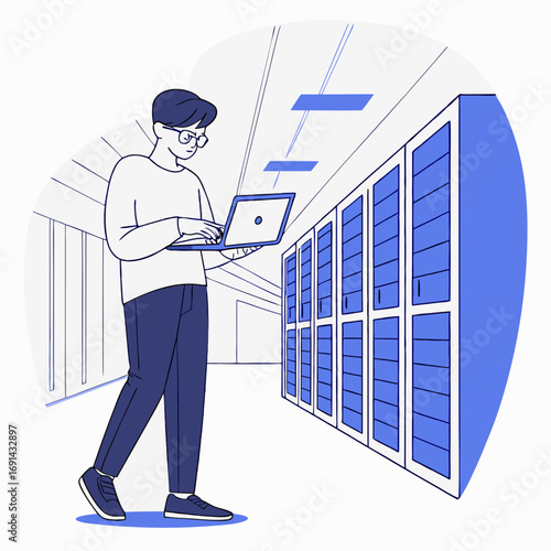Person using laptop computer in a server room data center it infrastructure technology concept illustration.