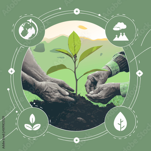 Planting a sapling environmental conservation hands planting a tree sustainability concept green earth illustration.