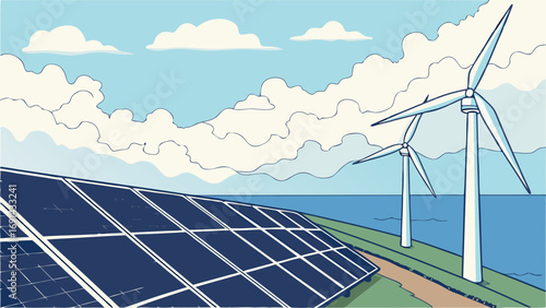 Renewable Energy Solar Panels and Wind Turbines by the Sea.