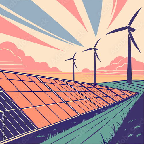 Renewable Energy Solar Panels and Wind Turbines at Sunset.