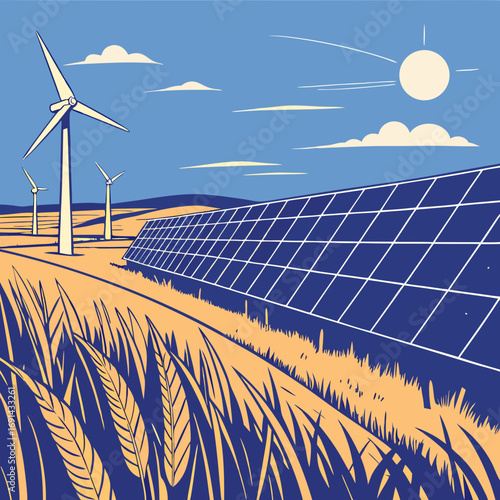 Renewable Energy Solar Panels and Wind Turbines in a Field Illustration.