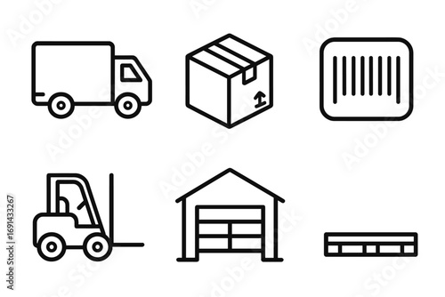Outline icons of logistics and delivery truck, package box, barcode, forklift, warehouse building, and pallet set, vector cartoon illustration with transparent background, cargo and shipping symbols