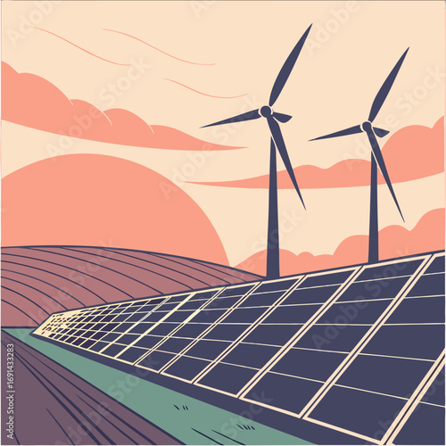 Renewable Energy Solar Panels and Wind Turbines in a Scenic Landscape.