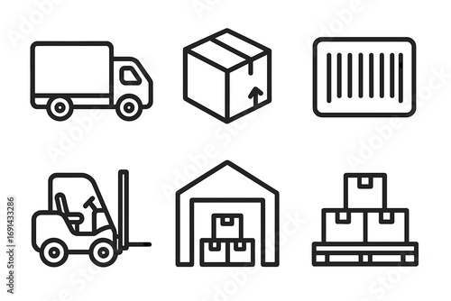 Outline icons of logistics and delivery truck, cardboard box, barcode scan, forklift truck, warehouse storage, pallet with stacked boxes, vector cartoon illustration set, transparent background