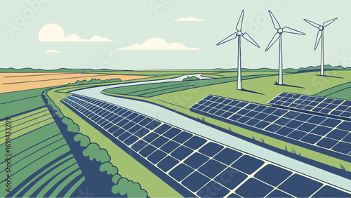 Renewable Energy Solar Panels and Wind Turbines in a Green Landscape.