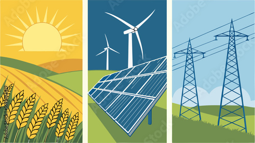Renewable Energy Sources Sun Wind and Solar Power Illustration.