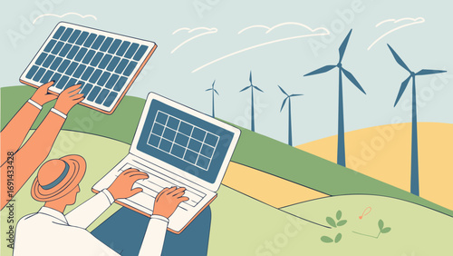 Renewable Energy Sustainable Technology Green Energy Solutions Eco-Friendly Lifestyle Laptop and Solar Panel Illustration Wind Turbines and Solar Power Clean Energy Concept Environmental C.