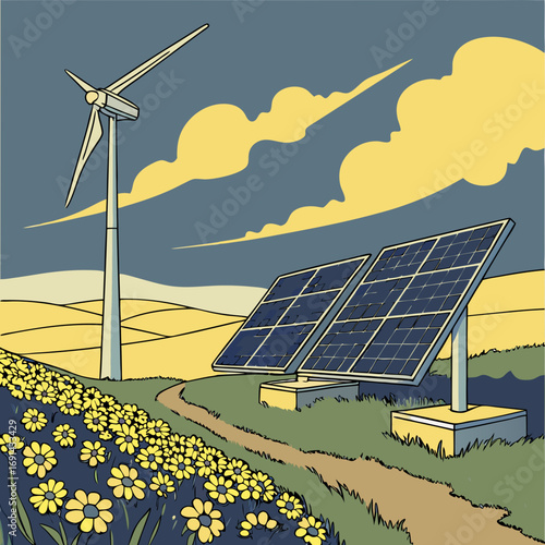 Renewable Energy Sources Wind Turbine and Solar Panels in a Flowery Landscape.