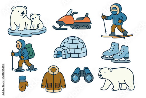 Winter adventure icon set. Arctic wildlife and outdoor activities. Polar bear, snowmobile, skiing, igloo, snowshoeing, exploration gear. Vector cartoon illustration collection.