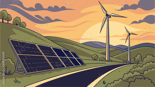 Renewable Energy Sunset Landscape Solar Panels and Wind Turbines on Hillside Road.