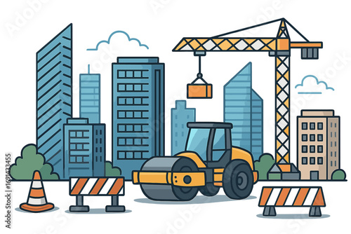 Urban construction site vector illustration. Cityscape with crane, steamroller, and skyscrapers. Concept for building development, infrastructure, and real estate. Heavy machinery.